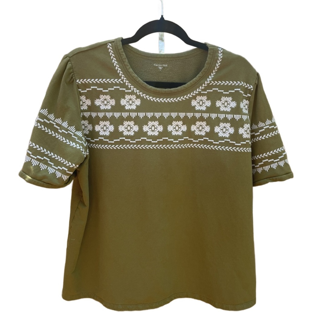 Garnet Hill Olive Green Short-Sleeve Sweatshirt with Cream Geometric Trim